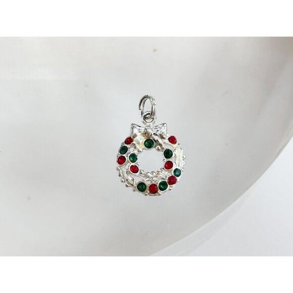 Christmas Wreath Green & Red Rhinestone 925 Sterling Silver Vintage Pendant - Picture 6 of 10